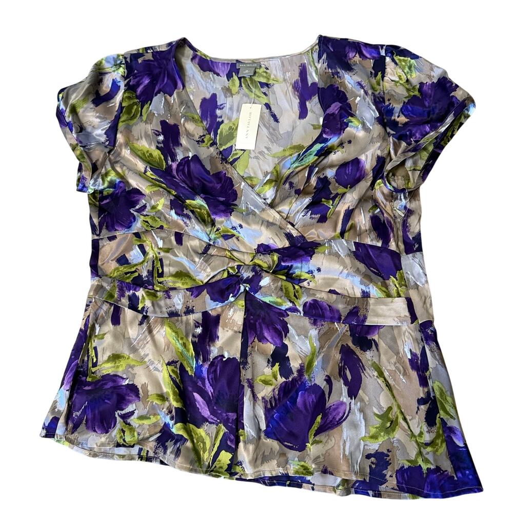 NWT NEW Ann Taylor Pleated Short Sleeve 100% Silk Purple Floral Blouse Size 18